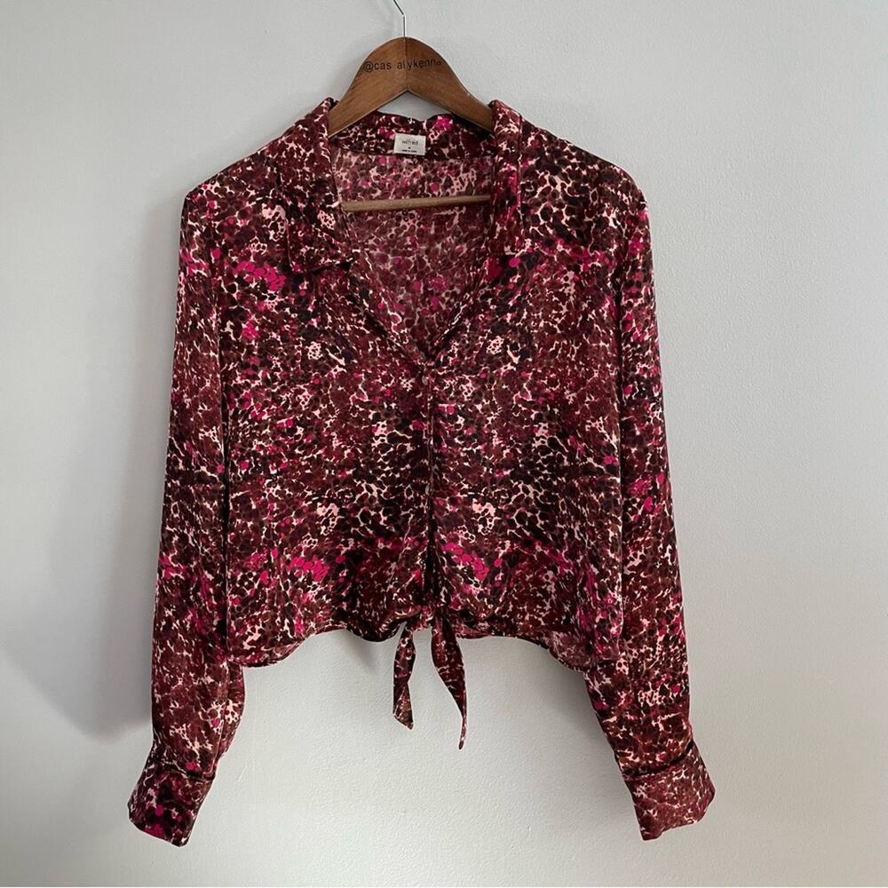 Wilfred | Aritzia Tie Front Blouse Button Down Cropped Pink Fuchsia Brown Top M